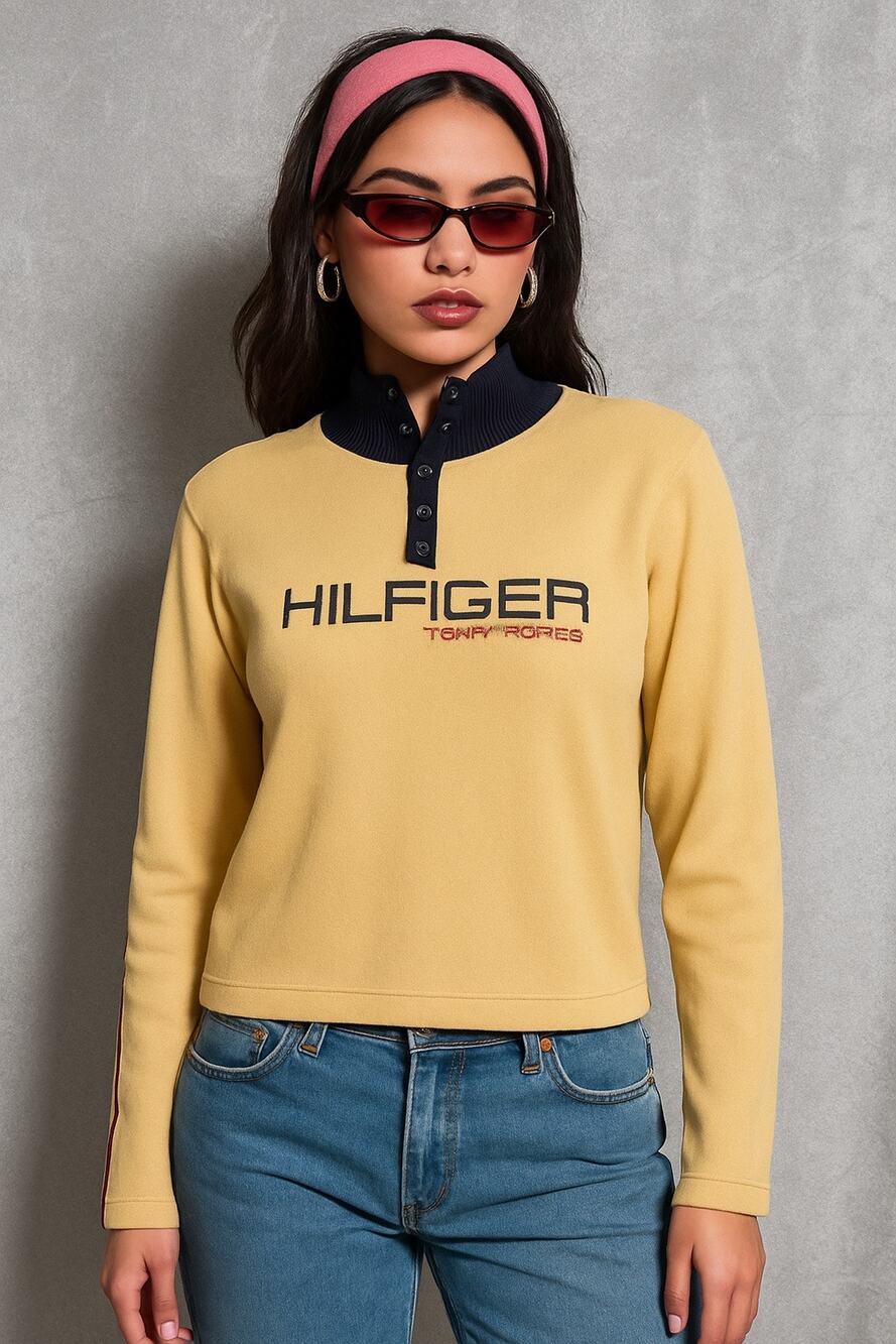 Vintage Y2K Tommy Hilfiger Logo Yellow Long Sleeve Shirt Medium Chunky Knit
